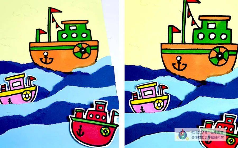 儿童画教程撕贴画小船悠悠飘荡在水中