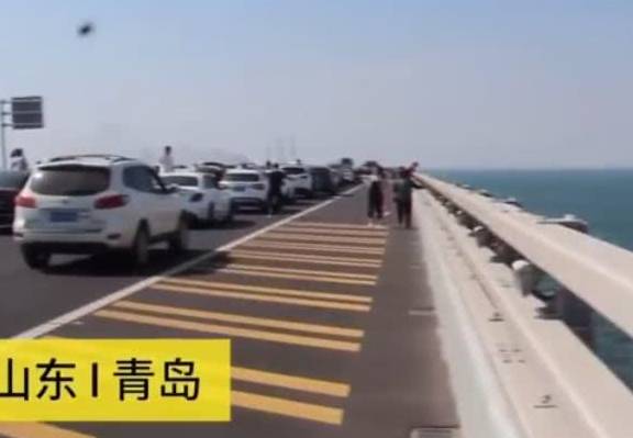 风景最美的青岛胶州湾大桥堵车现场！网友：我也要去堵车拍照