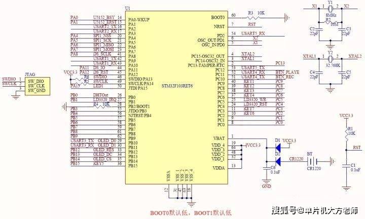 图中复位电路使用的是上电复位电路,stm32单片机nrst引脚输入低电平