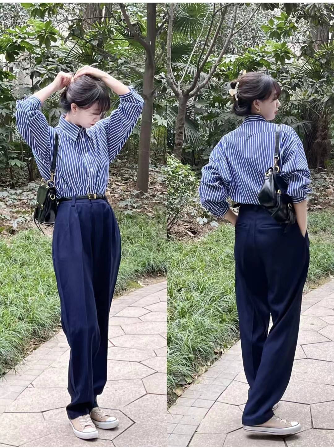 条纹衬衫女怎么搭配裤子好看
