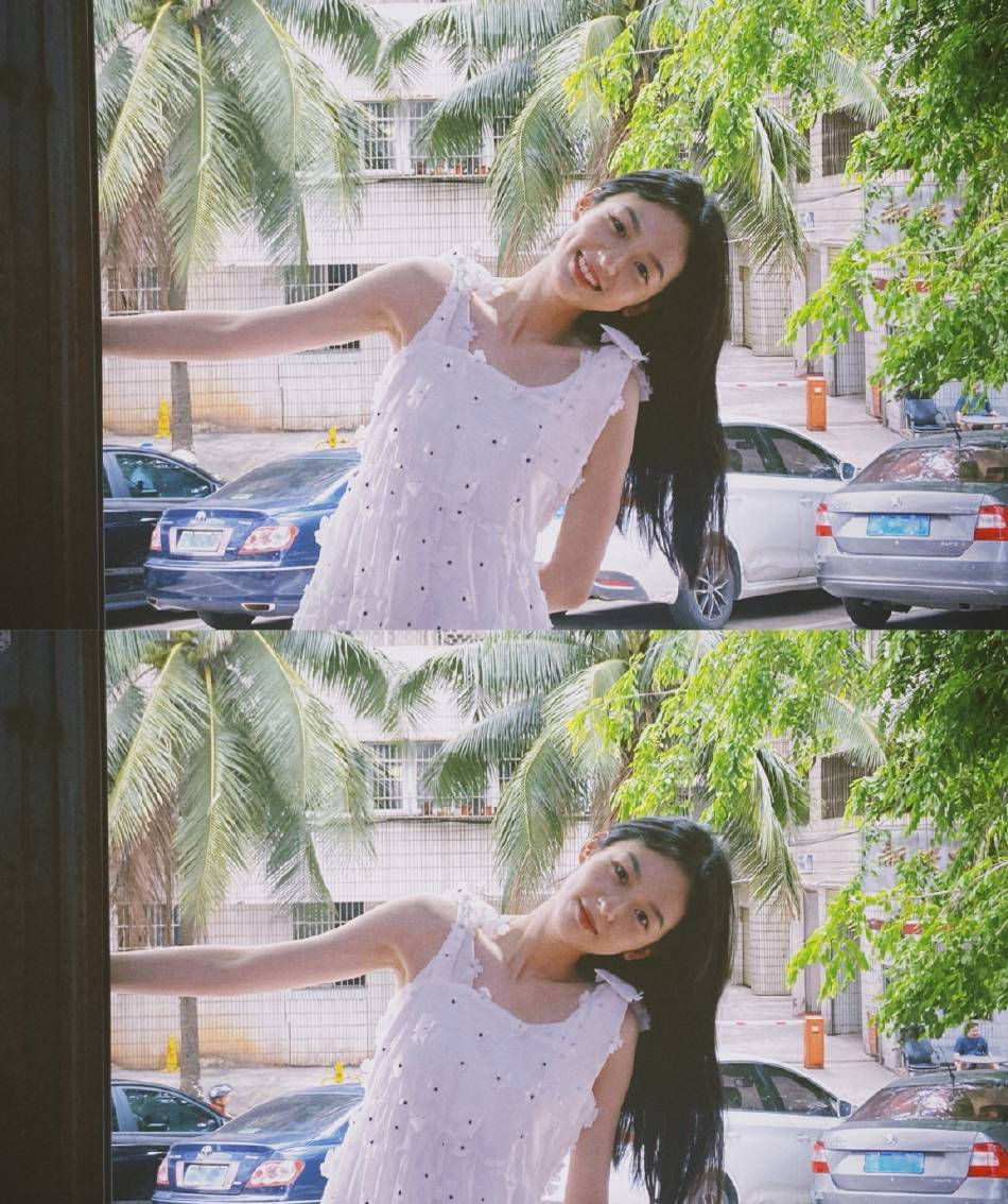 周也晒夏日胶片写真 穿白色吊带裙清新甜美显气质