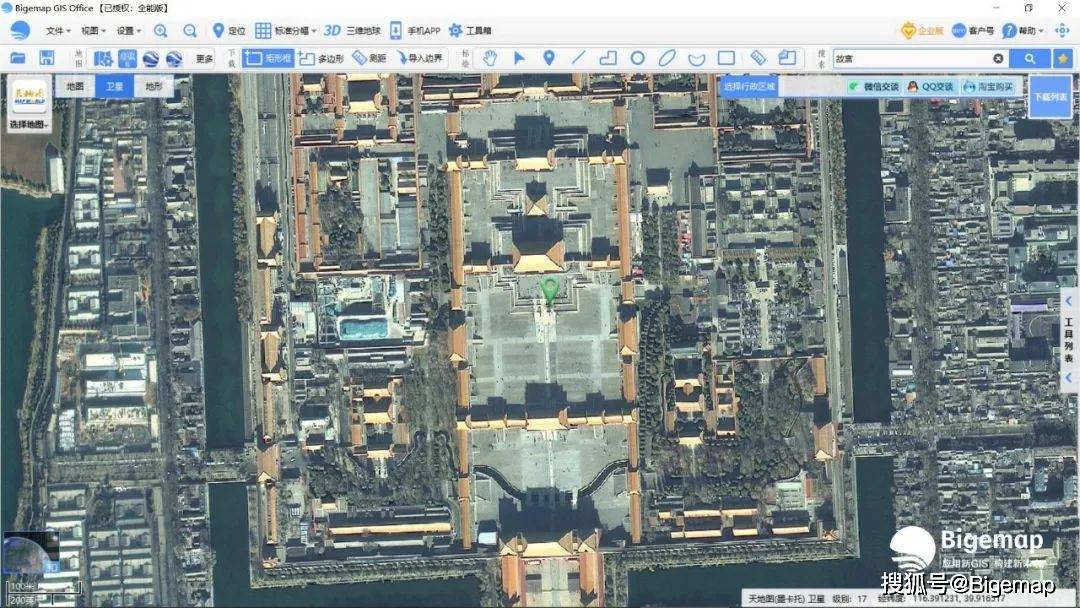 天地圖上的北京故宮衛星地圖將這些第三方地圖源疊加到虛擬三維地球