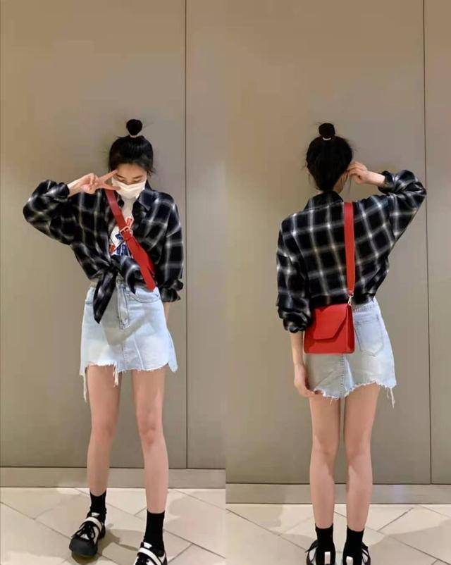 格子衬衫下身搭什么好看_牛仔_look_白色