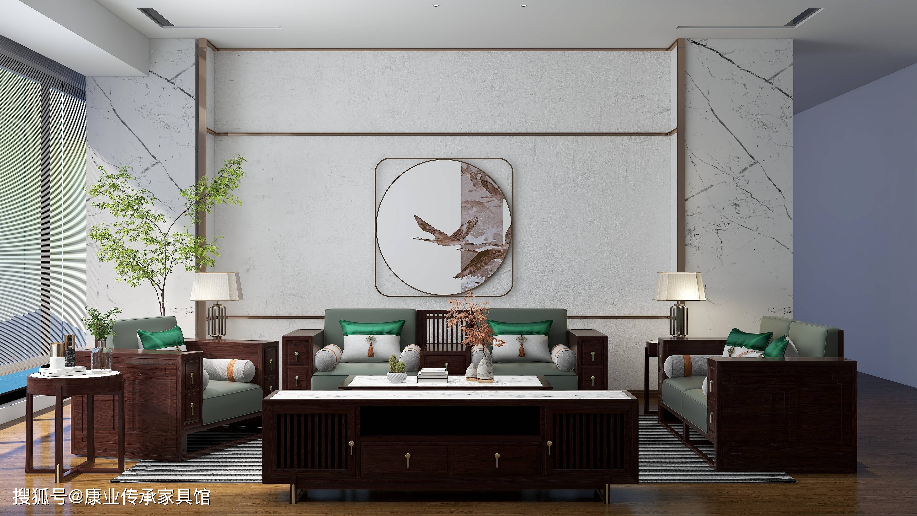 新中式客厅家具温润的实木和高雅的岩板成就诗意般的生活