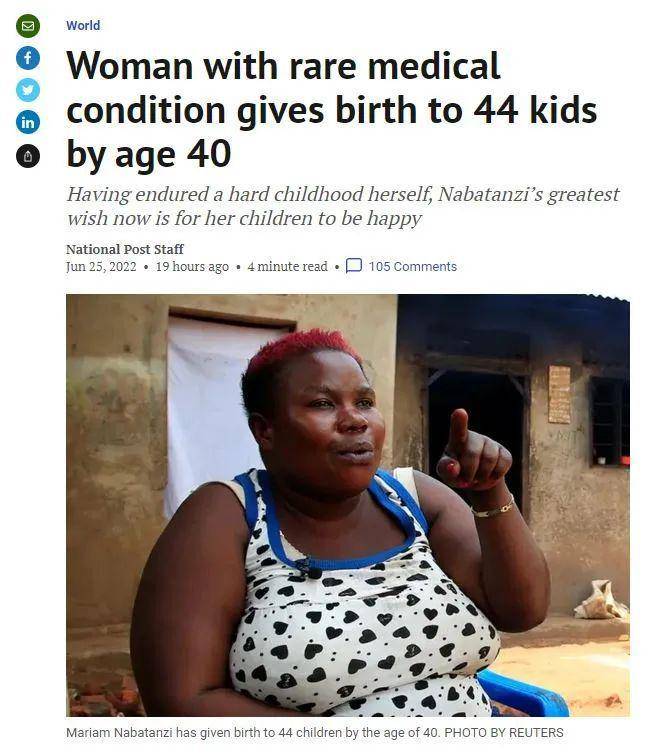 非洲44岁黑人女子卵巢异常生了44个孩子老公不堪重负卷款跑路