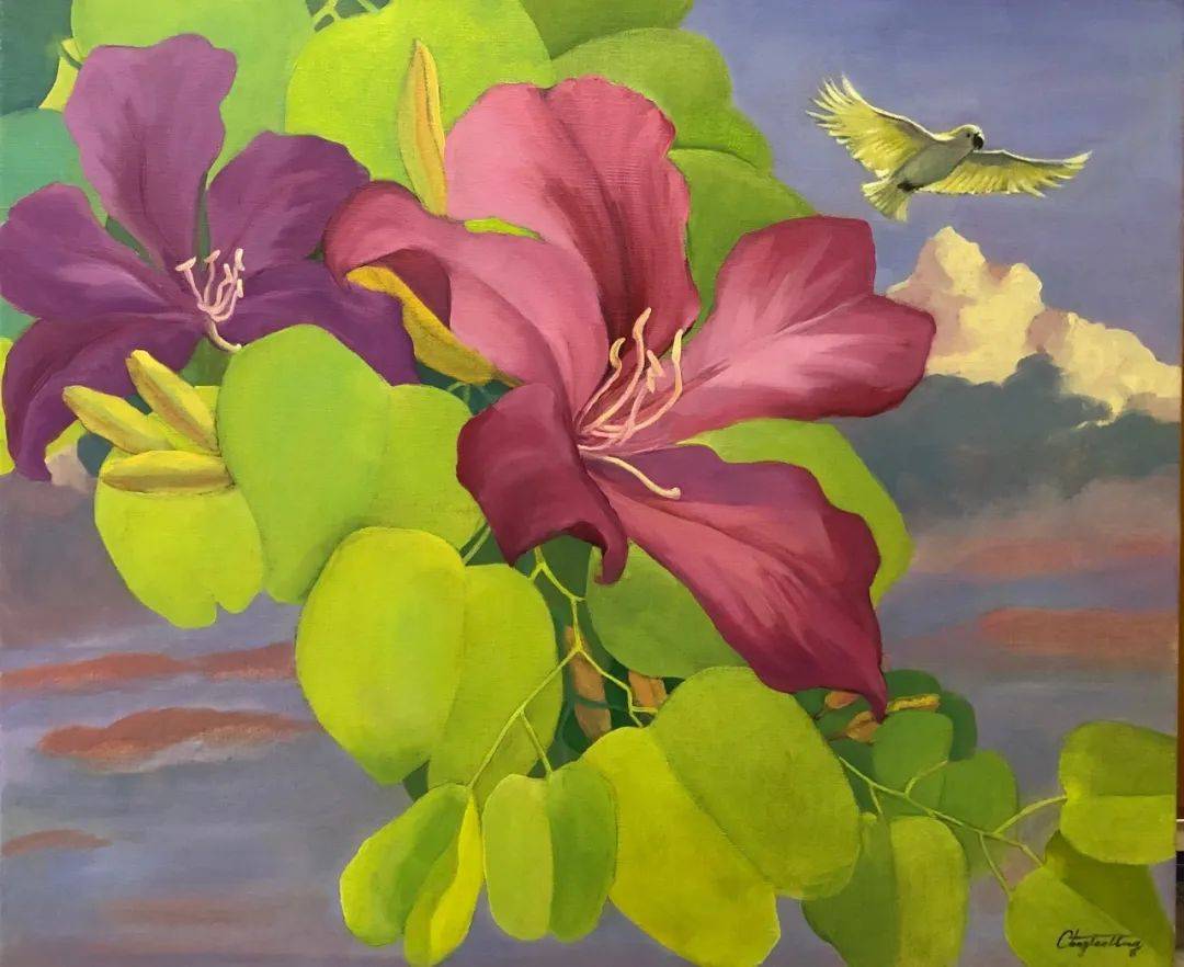 50x60cm布面油画小葵花鹦鹉与紫荆花系列二 202250x60cm布面油画小