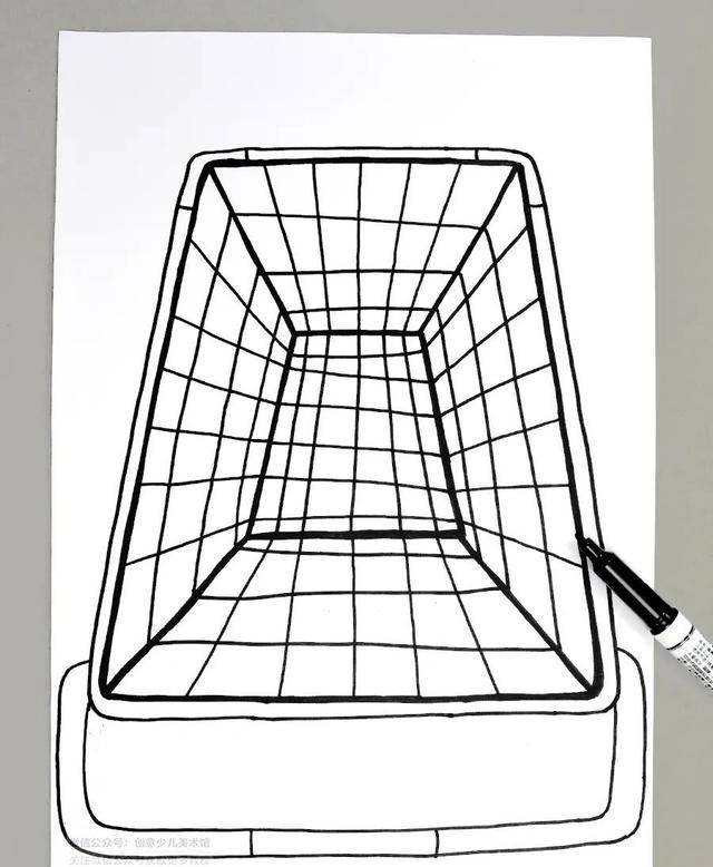 结合焦点透视绘制出俯视视角下的购物车体现出画面的纵深感使用马克