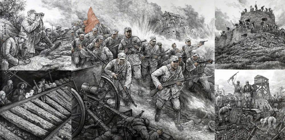 百团大战600x300cm2020年整体来看,苗再新的人物绘画作品都是带有主题