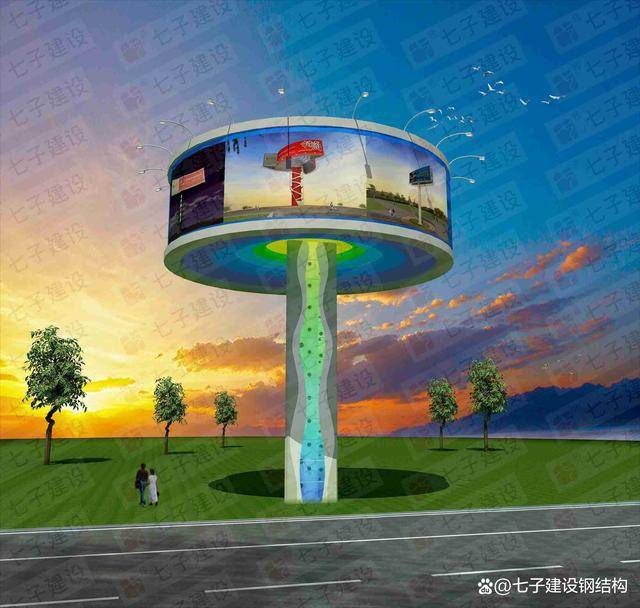 圆形造型广告塔,圆形广告立柱设计,夜景亮化户外广告牌,外装造型景观