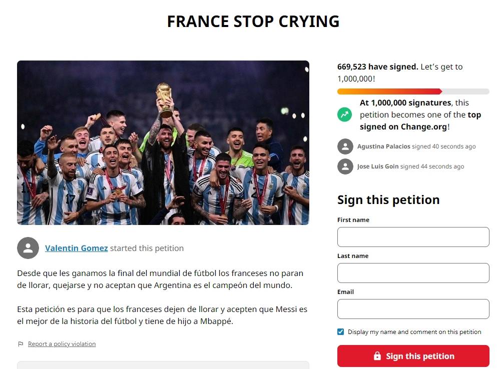 羞辱？66万阿根廷球迷请愿法国别哭！欧洲人别双标，输不起就算了
