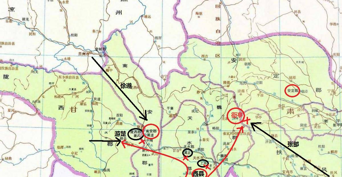 漢中郡與曹魏武都郡交界處;祁山則應指當地西漢水河谷盆地中的祁山鄉