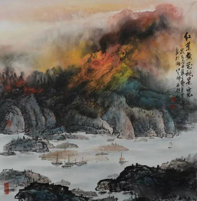 江戸後期 手描き色絵『浜松山水風景』大型盛鉢 飾皿 正絹仕覆付 共箱