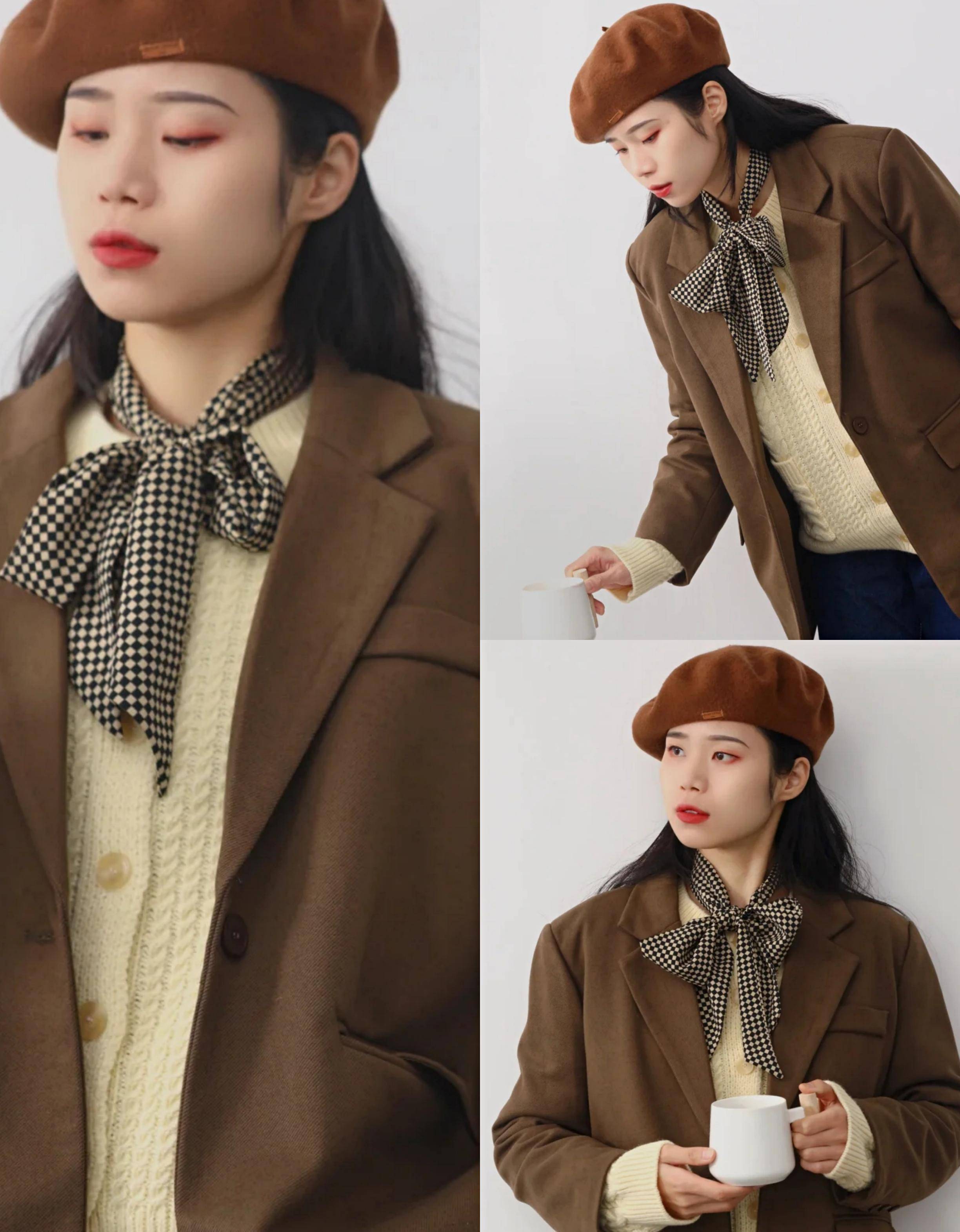 而在这一公式的基础上,选择有秋冬氛围感的棕色系西装,和凸显温柔气质