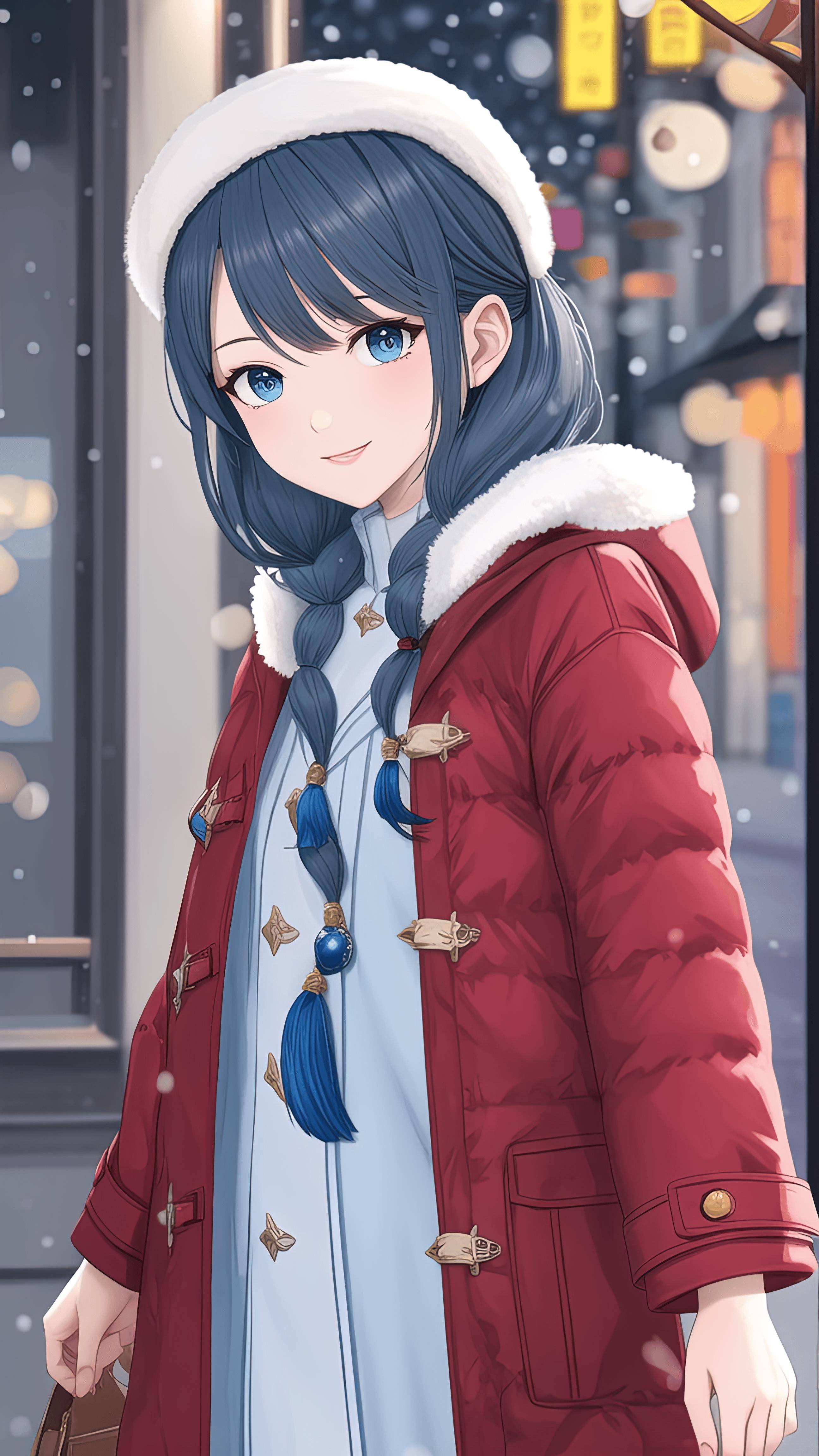 ai绘画二次元,红羽绒服,优雅温暖,是新年时髦的搭配_祝福_时尚_牛仔裤