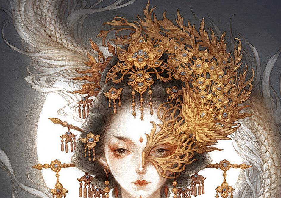 作者古戈力晒出的作品《半面妆》当中,我们可以看到画面中的面具十分