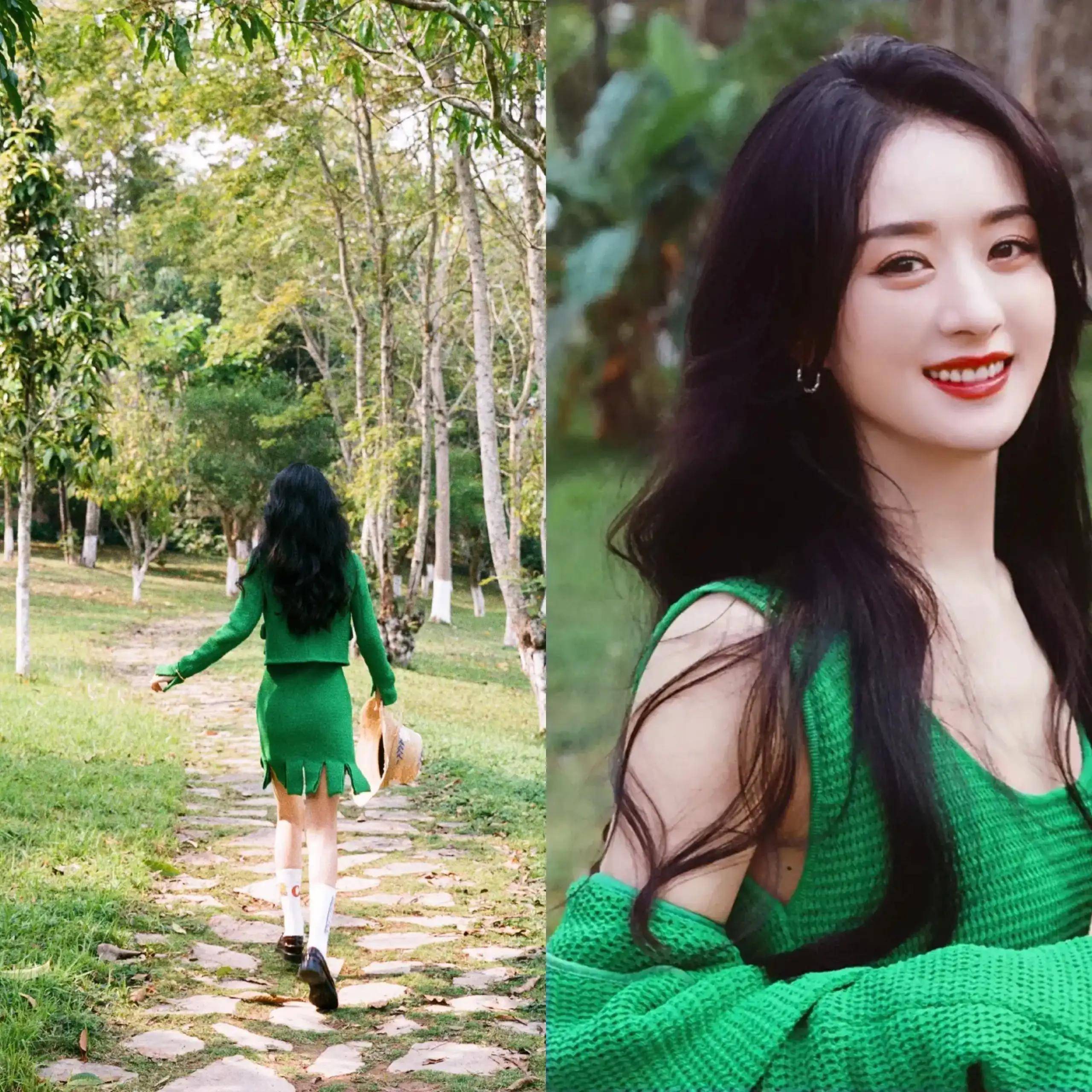 赵丽颖一身绿衣仙踪针织毛衣套装,显得她知性优雅,举止端庄.