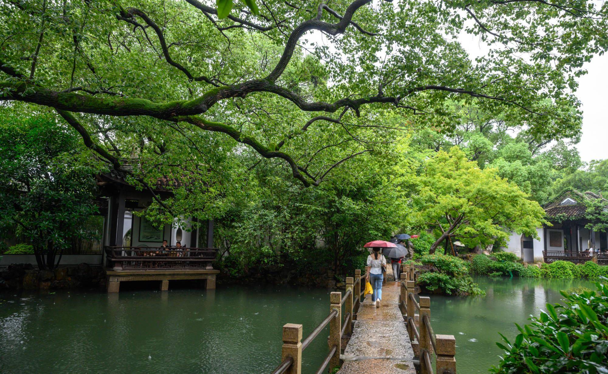 图中的石桥是七星桥,高出池面.