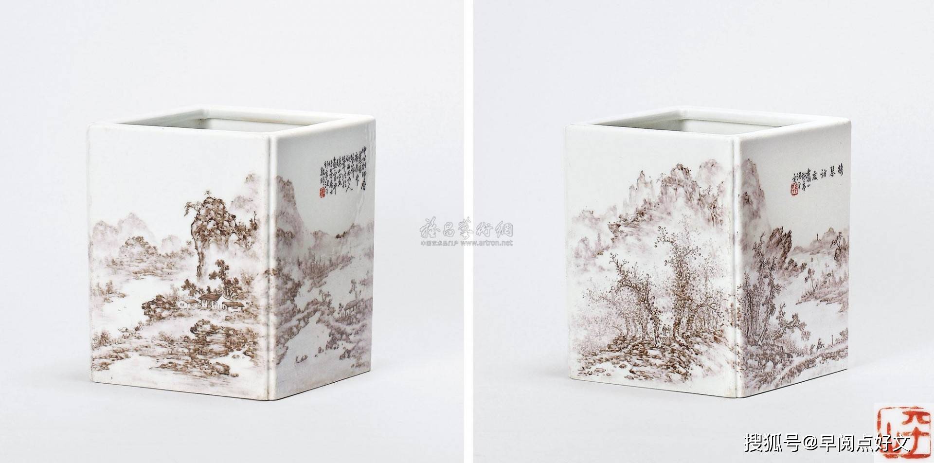汪野亭山水瓷器瓷板画真品图片如何鉴赏_朱文印_汪平_景德镇