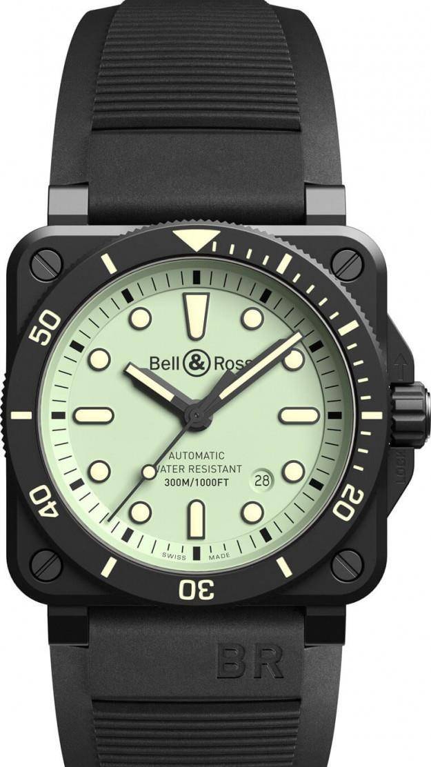 柏莱士br03-92黑陶瓷方壳潜水表,将夜光效果发挥到极致_绿色_手表