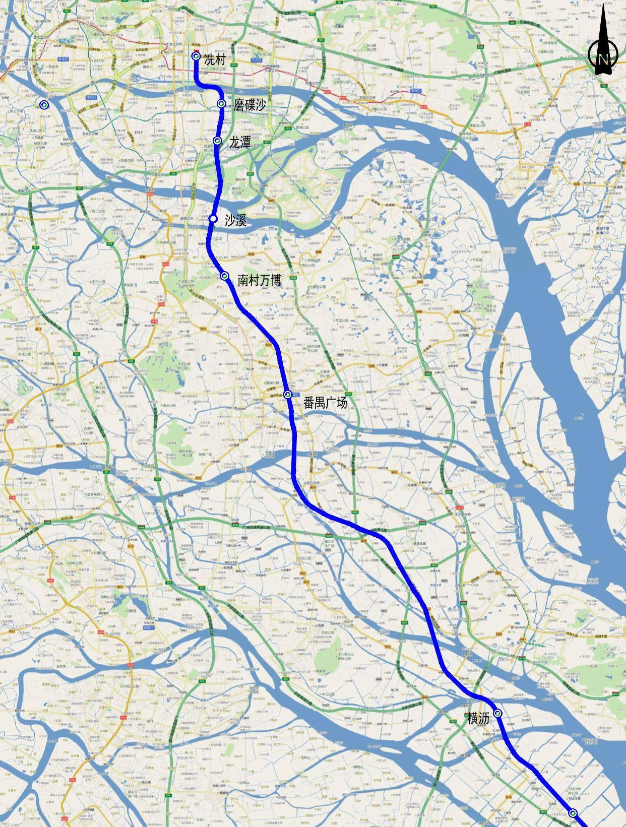 我们以广州地铁18号线举例说明,目前快车停靠站点为万顷沙,横沥,番禺