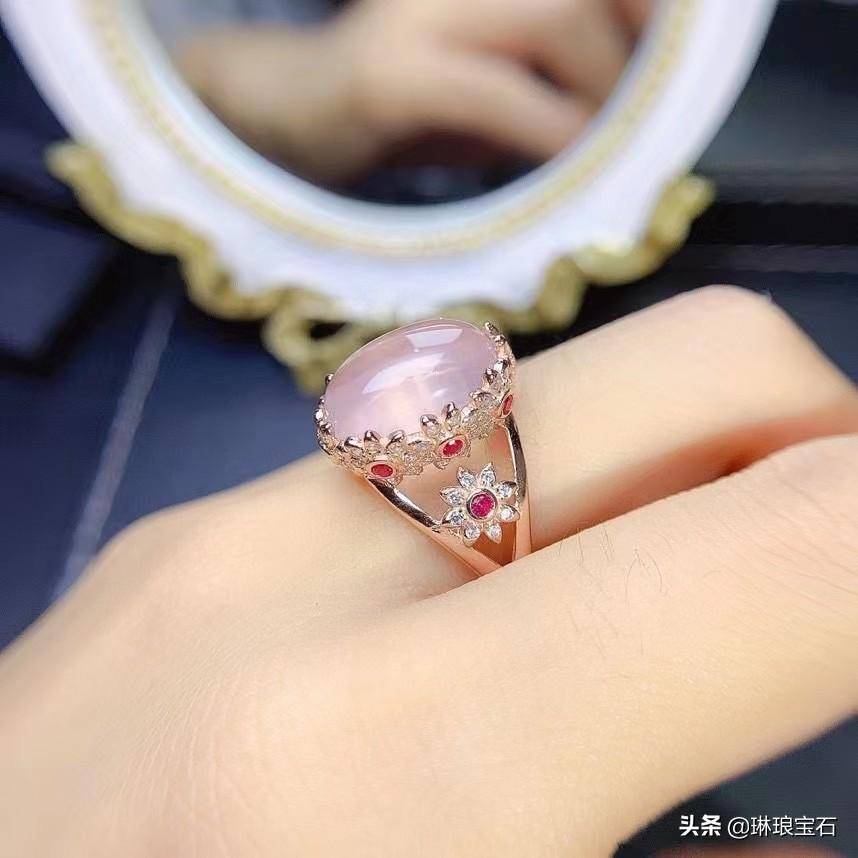 s925银精工镶嵌粉水晶芙蓉石戒指220616_粉色_宝石_露珠