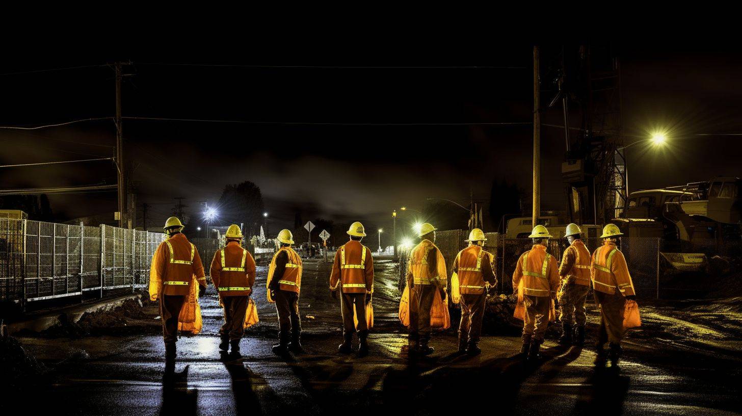 黑夜中的行走标识:反光背心守护建筑工地的安全通行!_明亮_夜间_活动