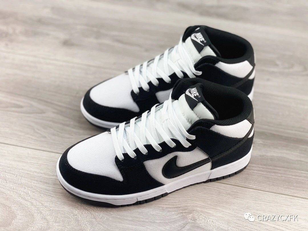 耐克nike sb dunk mid panda 黑白熊猫帆布高帮板鞋_面料_皮质_后跟
