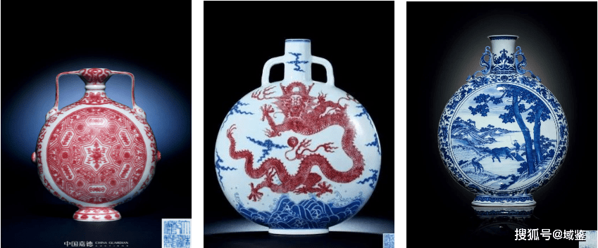 清朝：【粉彩「和諧」抱月瓶】仕様：高さ32.3cm 胴径24cm 耳距10cm 口径5.5cm【b】 清乾隆粉青釉浮雕龙纹抱月瓶高39直径26.5厘米