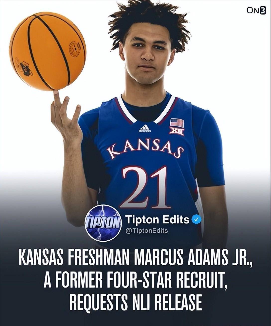 原创:堪萨斯大学前锋小马库斯-亚当斯宣布转学至ncaa冈萨加大学_adams