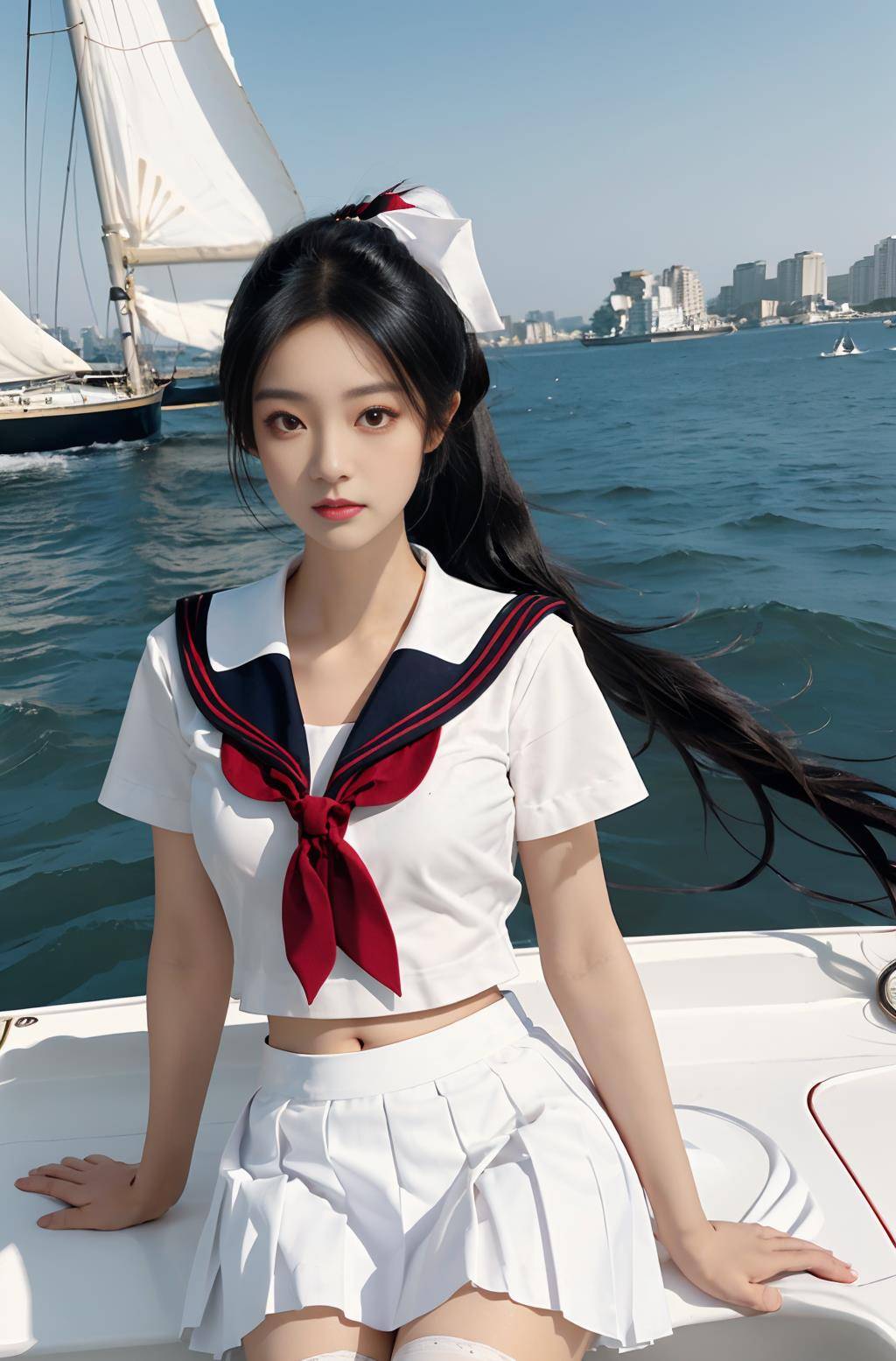 身穿白色海军jk套装的女子小姐姐身材完美,造型让人心动