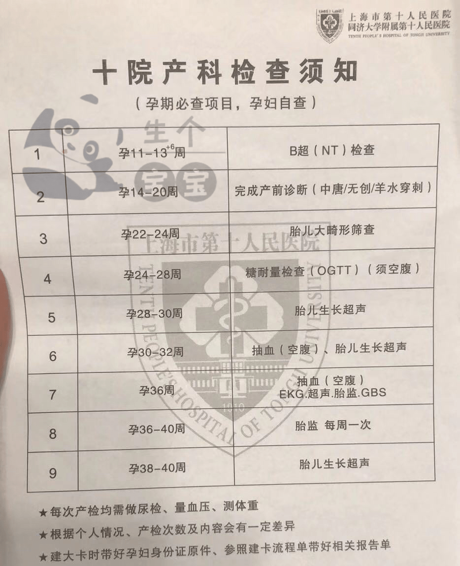 上海第十人民医院怀孕产检时间安排及产检项目介绍