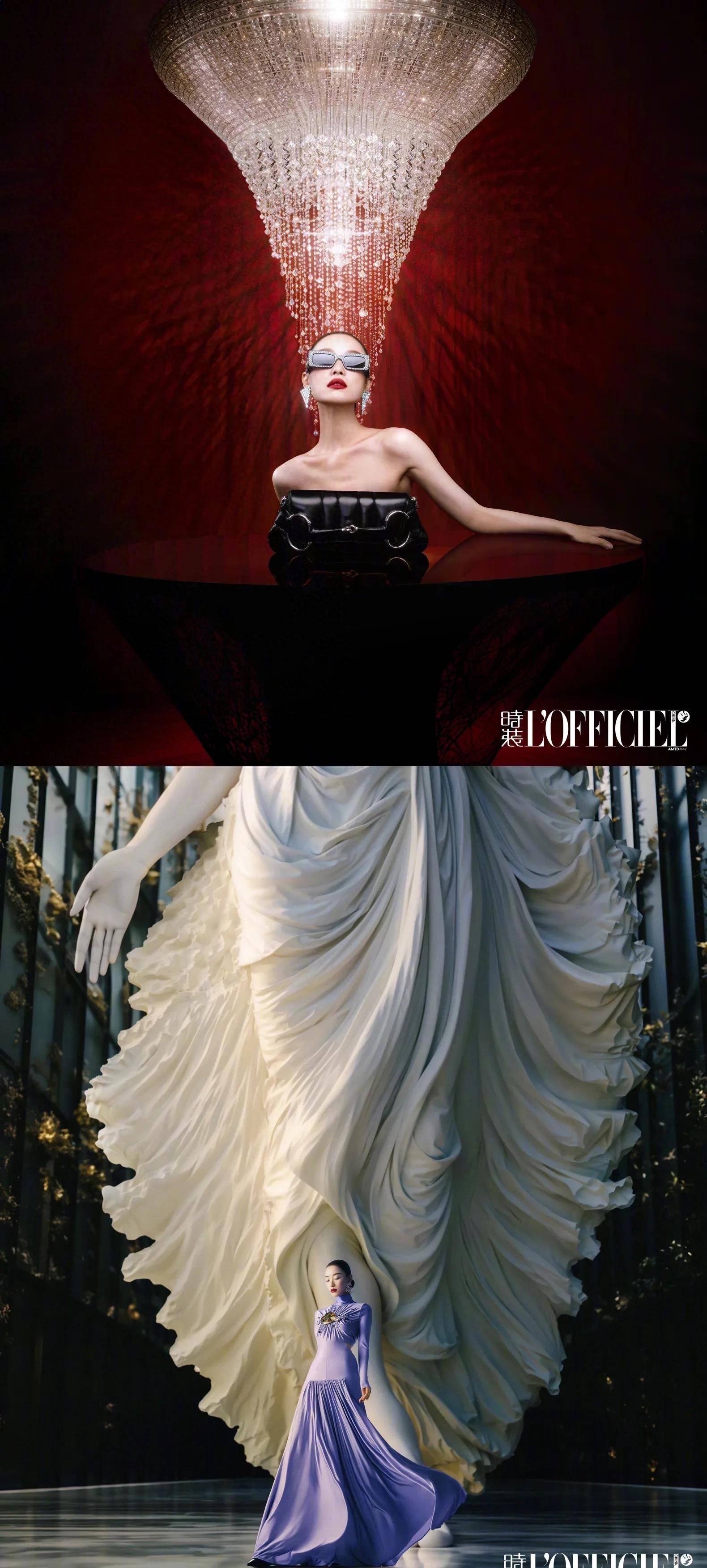 倪妮《时装》九月封面身穿裸色背心趴在"蜘蛛网上"梦神降临_雕塑_光影