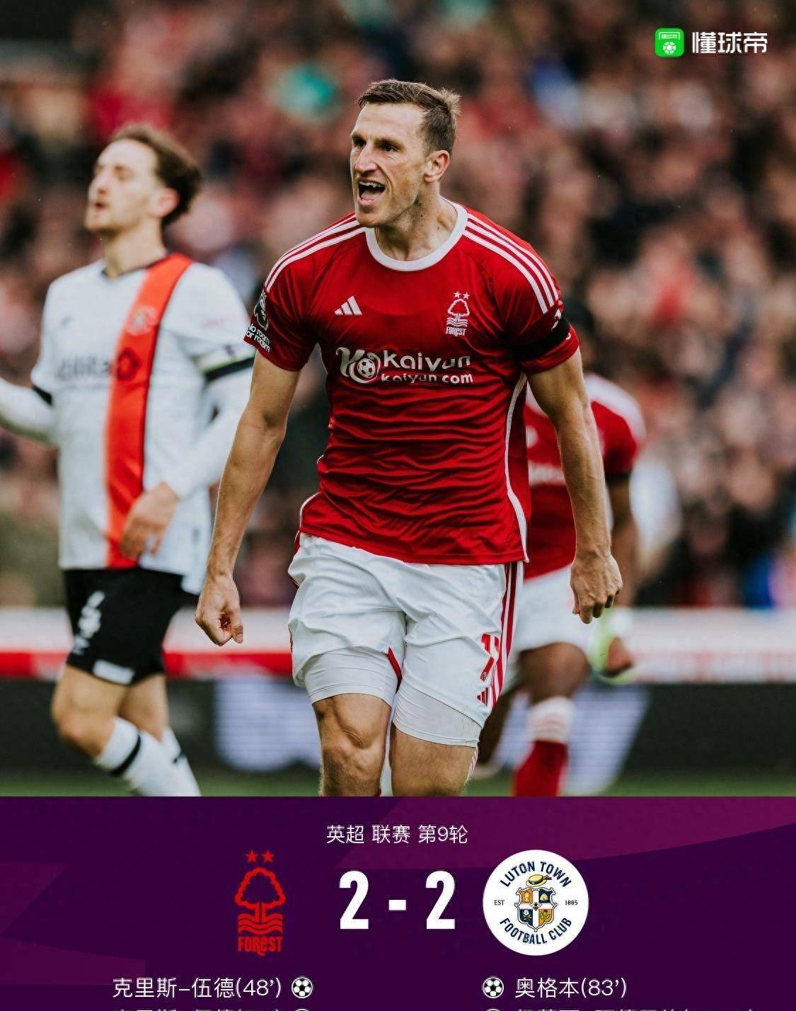 诺丁汉森林2-2卢顿,伍德双响 绝杀球被吹,阿德巴约绝平_埃兰加_奥格本