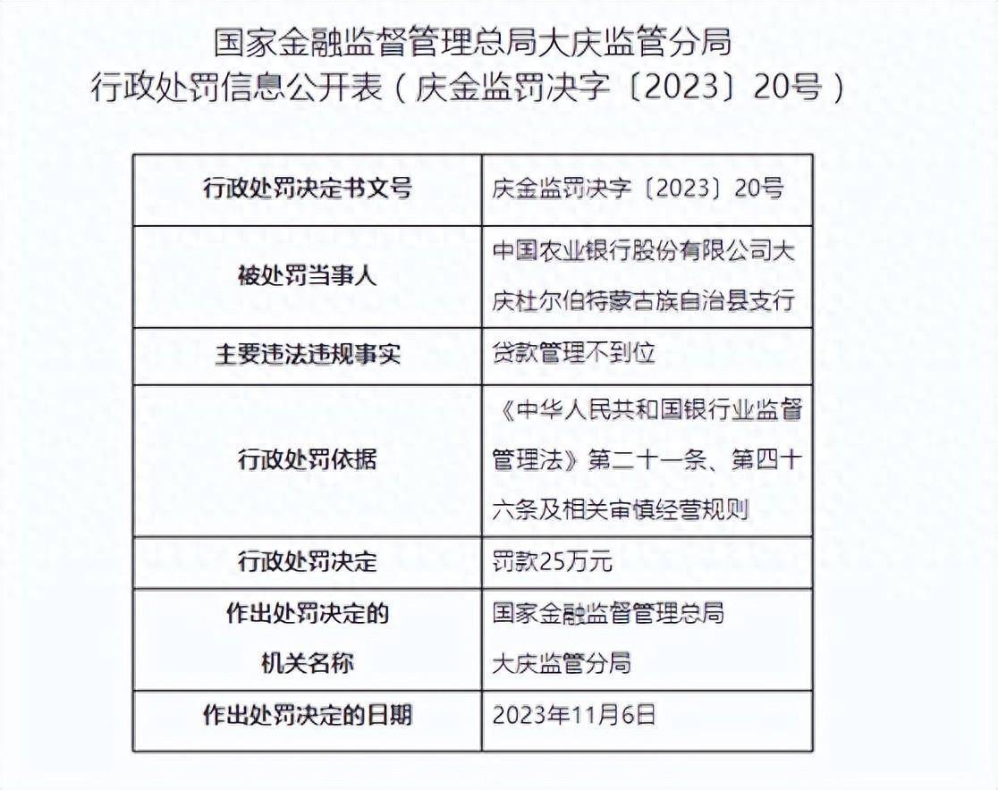 农行大庆一支行被罚25万元，4名责任人被警告_管理_监管_信息