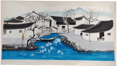 中国古美術・旧藏・近現代・吳冠中款・金箋・山水風景画・中堂掛軸・純手描き・書画 嚴選吳冠中款純手繪山水人物風景客廳掛軸，附題跋裝裱藝術品J100 粗細