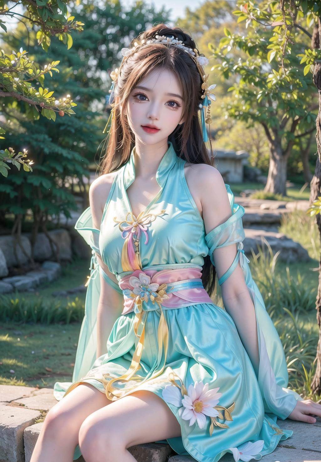 ai绘画-古装美女优雅坐姿_大自然_阳光_瀑布