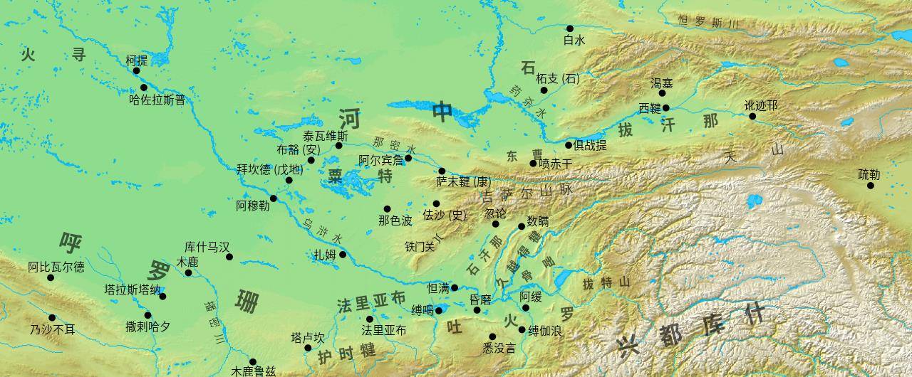 地图,包括呼罗珊,河中地区,以及巴克特里亚.