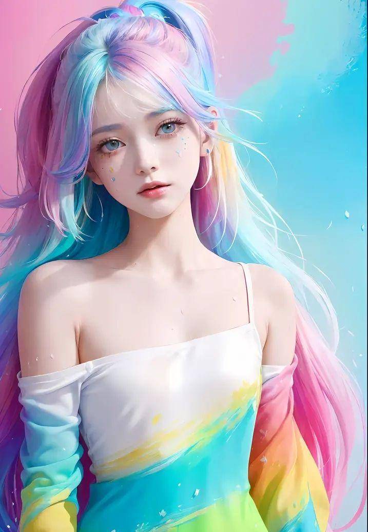 这是一幅令人惊叹的动漫艺术作品,描绘了一个有着长而多彩的头发的人