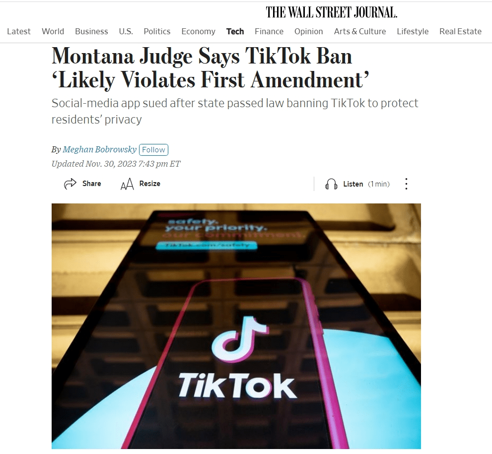 TikTok初步胜利！美国首个TikTok州禁令被叫停(图1)