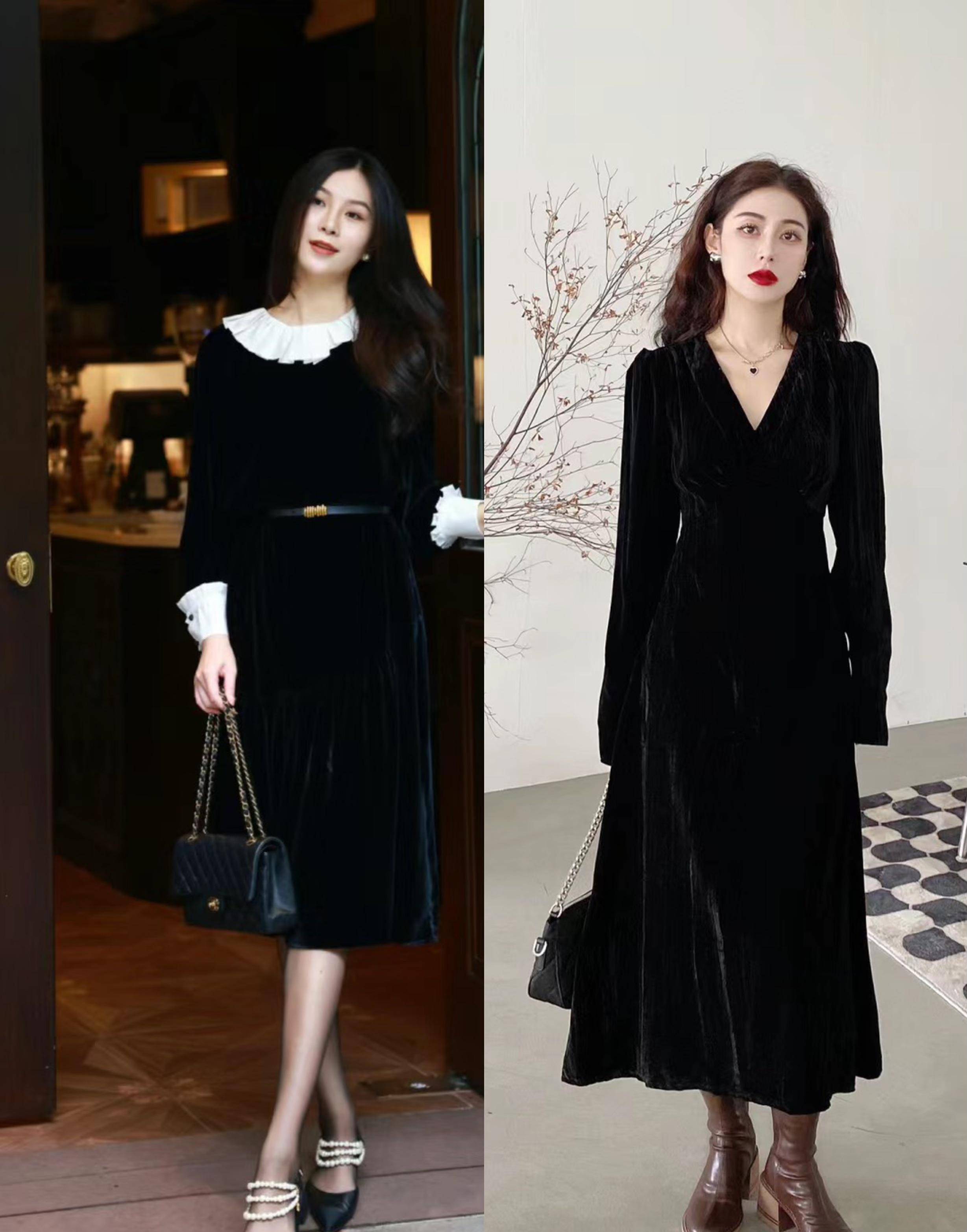 这样的黑色天鹅绒连衣裙看起来非常时尚经典.