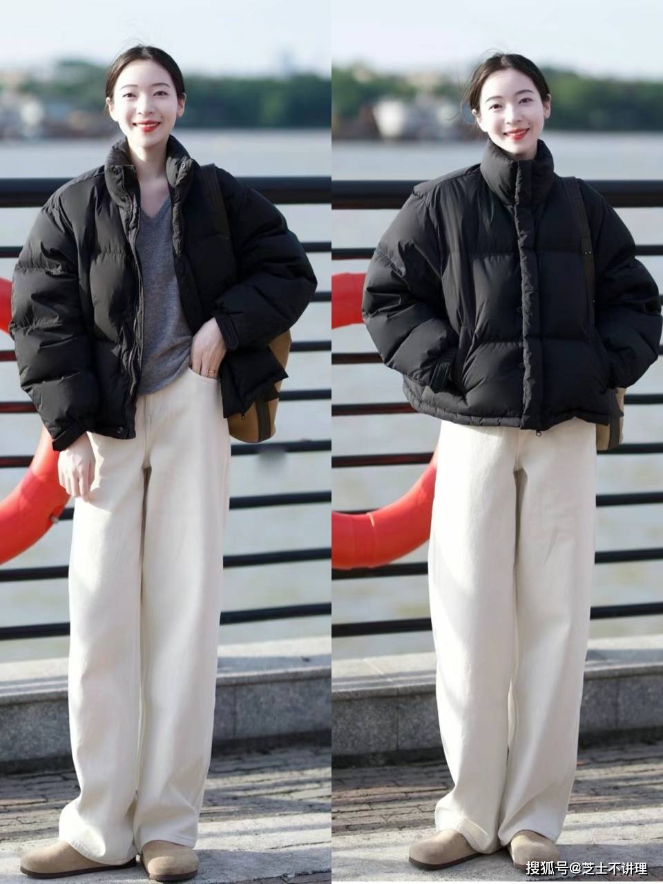 棕绿色羽绒服 黑色阔腿裤 勃肯鞋黑色长款搭配棕绿色羽绒服,松弛感