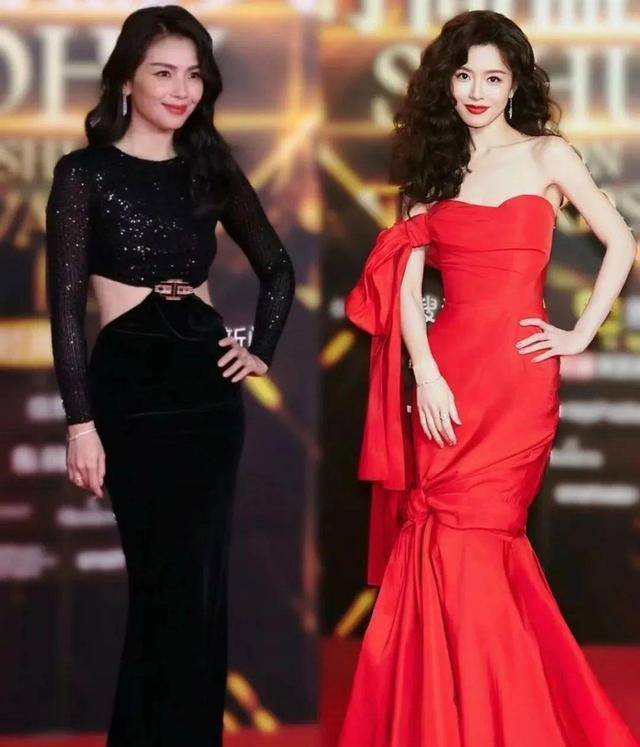 与蔡文静前后脚撞衫.蓝盈莹黑色美人鱼,展现曲线美如画.