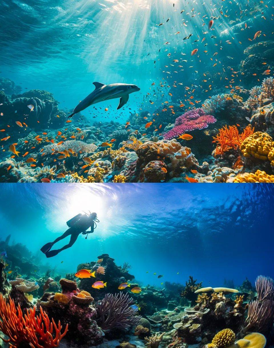 a colorful coral reef teeming with marine life.