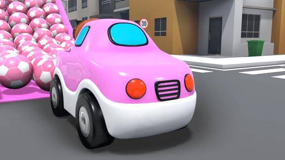 通过水管的粉色水泥搅拌车