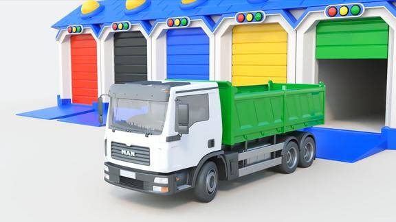 乐享知识乐园崭新的绿色卡车从车库里缓缓驶出