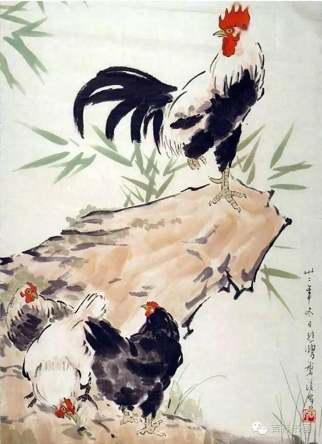 施祖铨画的鸡,皆以大笔挥就,红冠金嘴,鸡尾高竖,而且常以泼墨书法尽显