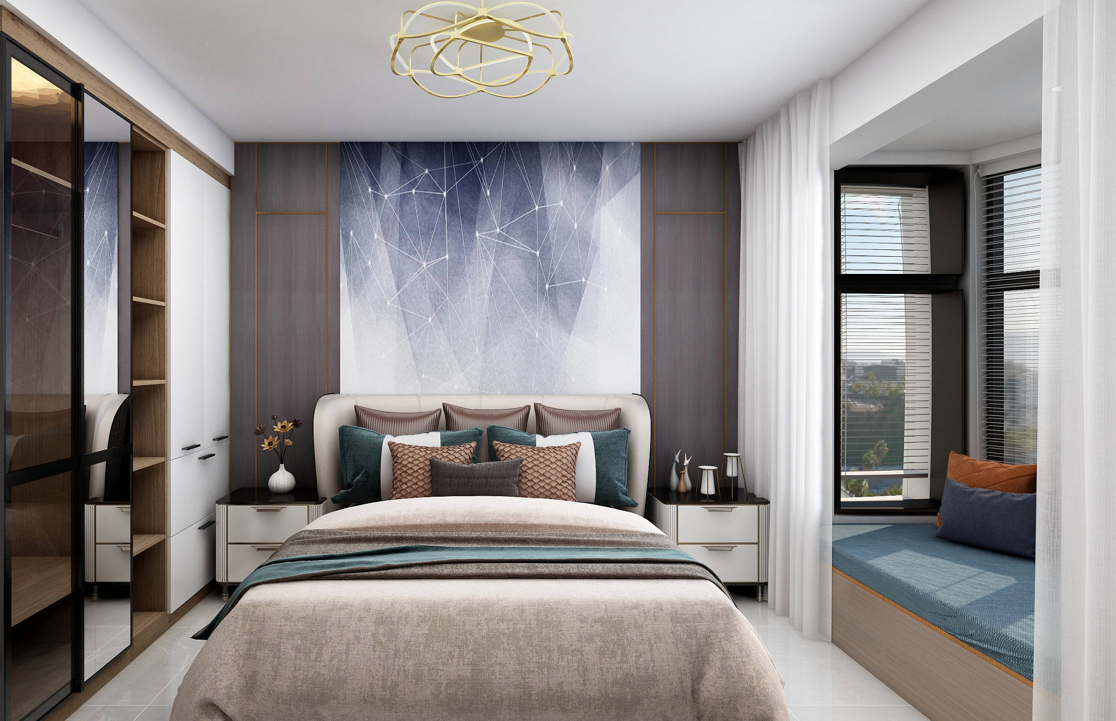 在轻奢风格的特点下,无论是护墙板与线条结合,搭配灯带造型设计的沙发