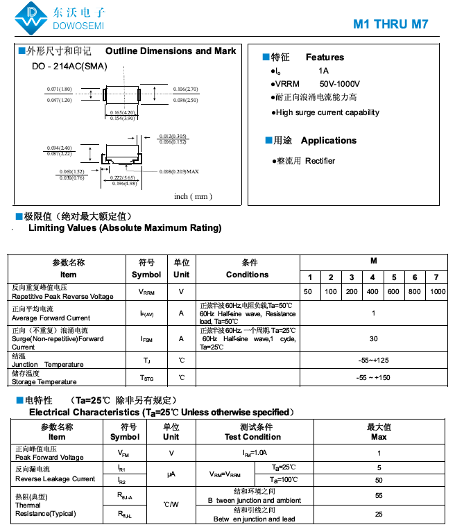1a反向重复峰值电压:1000v封装形式:do-214ac(sma)m7贴片二极管参数