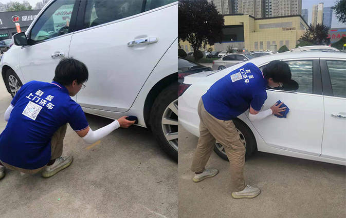 郑州上门洗车:上门洗车小哥洗车忙碌的身影
