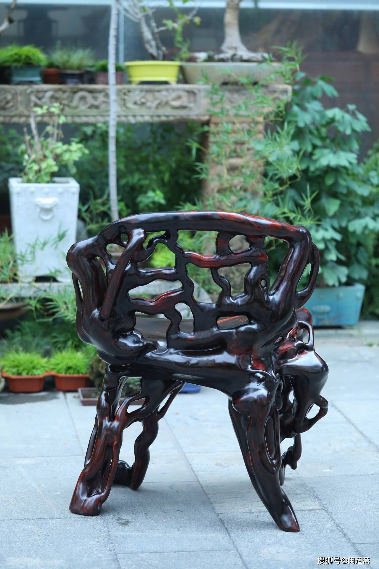 病态美学之树根家具,老红木仿雕根式靠背椅_根雕